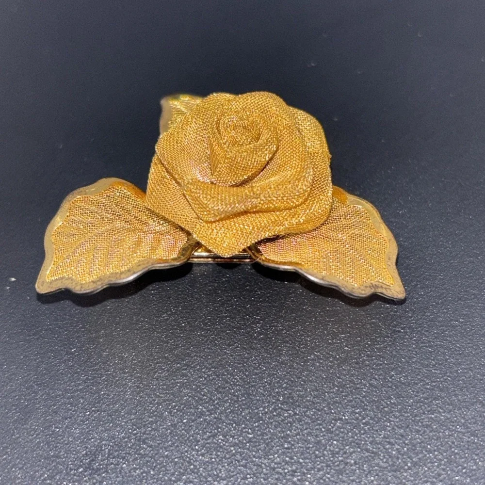 Vintage 1980s Gold Tone‎ Metal Mesh 3D Rose Flower Leaf Floral 1.5